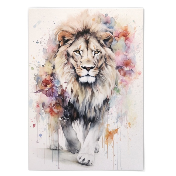 Watercolor Lion With Flowers Portrait Wall Art Illustration Print Unframed - Picture 6 of 6